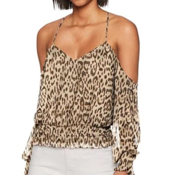 GUESS Leopard Print Cold Shoulder Blouse with Criss Cross Detail - Picture 1 of 6